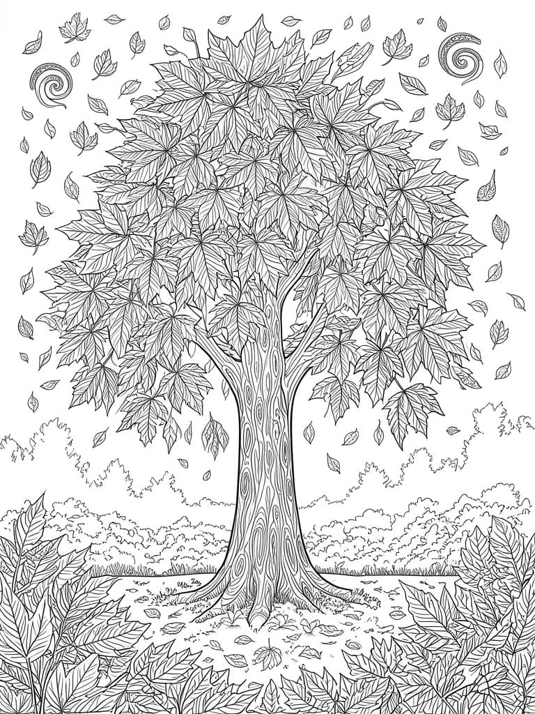 Detailed line drawing of large tree with falling leaves over bushes and hills.