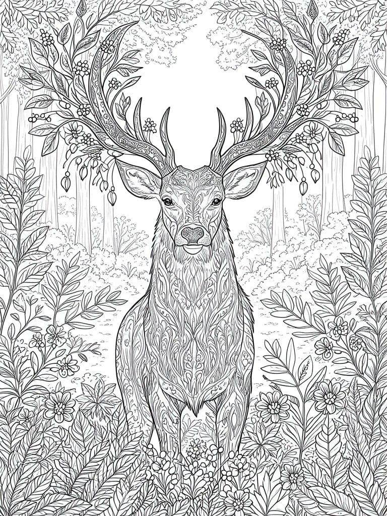 A black and white line drawing of a deer with large patterned antlers in a forest filled with trees and plants.