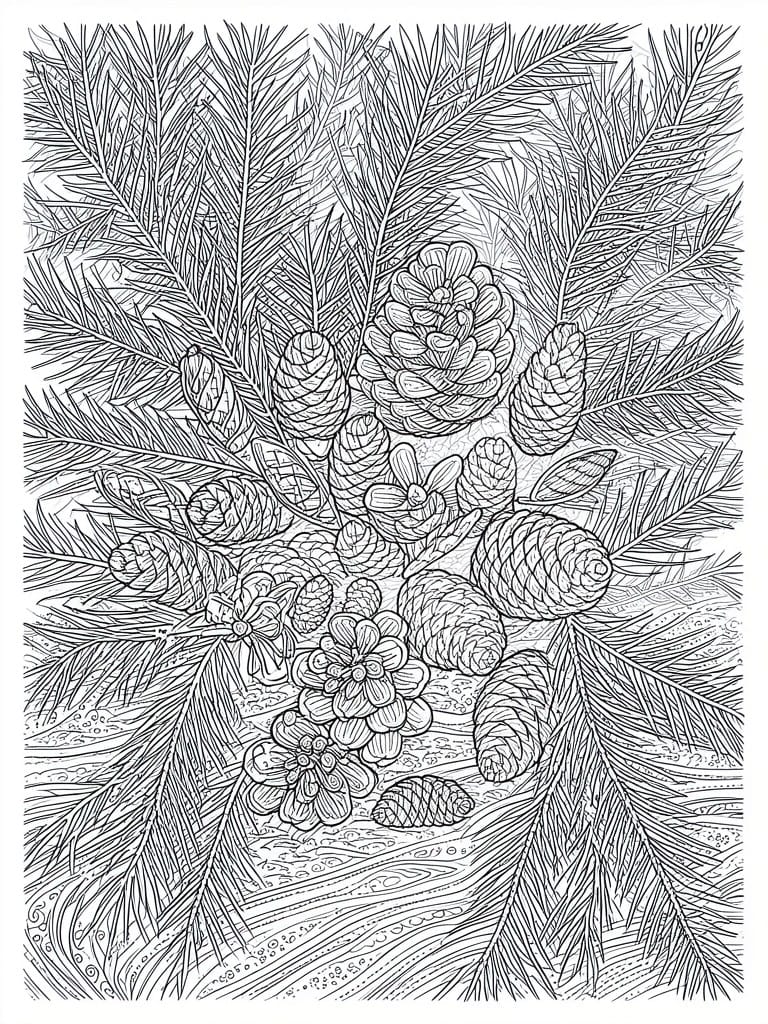 Intricate black-and-white line drawing of pine branches and scattered pinecones.