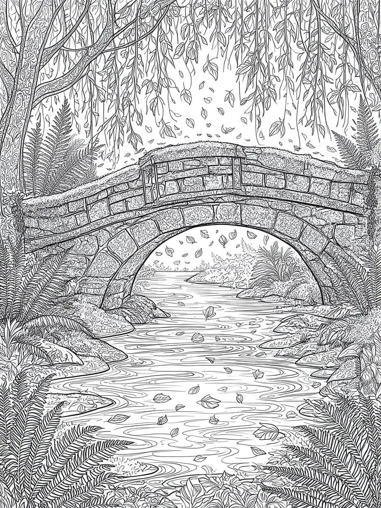 A black and white line drawing of a stone bridge over a stream in a forest with trees, ferns, and leaves.