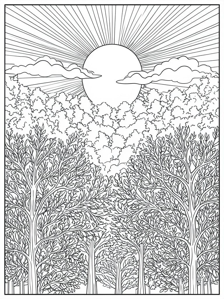 Line drawing of dense forest trees beneath a large sun with rays and clouds