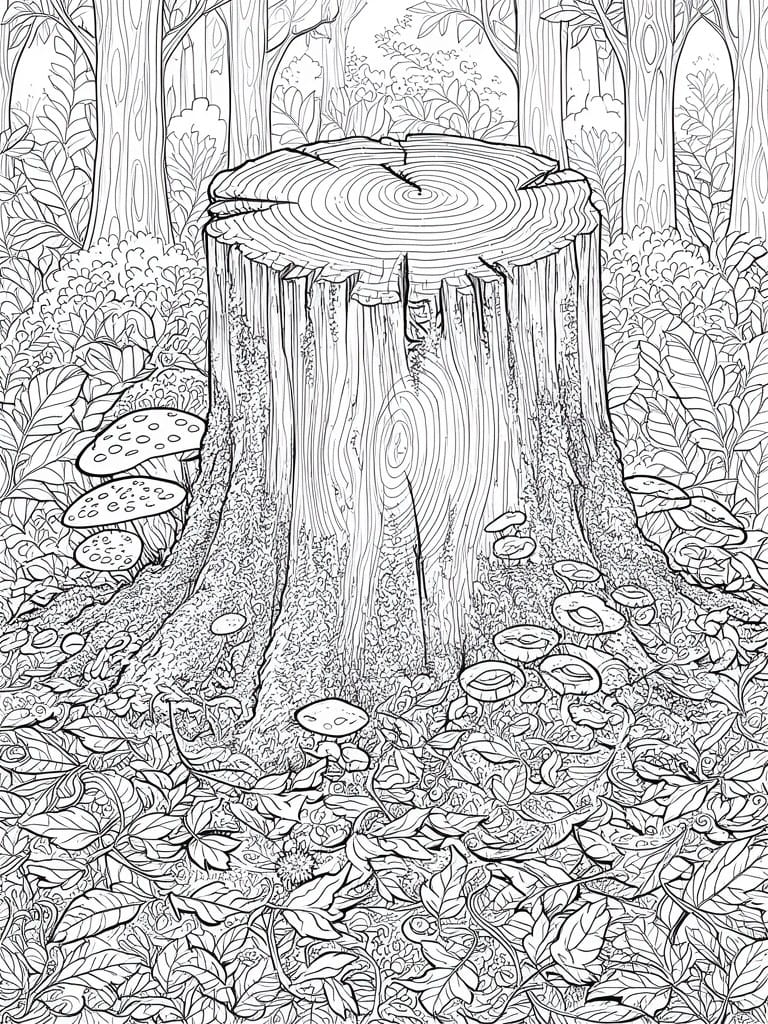 A black and white line drawing of a tree stump with mushrooms and leaves in a forest.