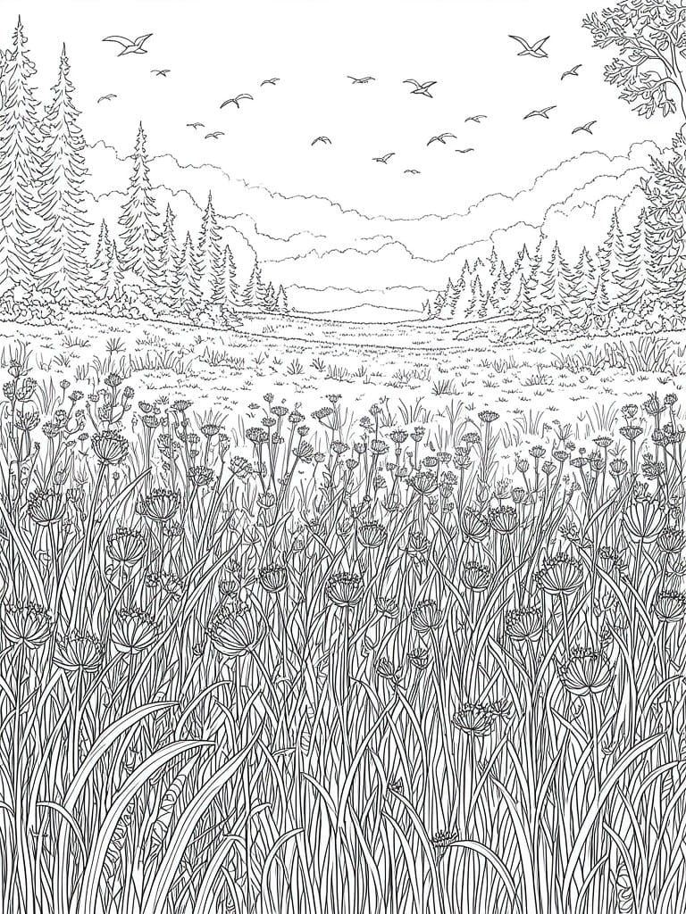 A black and white line drawing of a meadow filled with grasses and flowers in the foreground, pine trees and mountains behind, and birds in the sky.