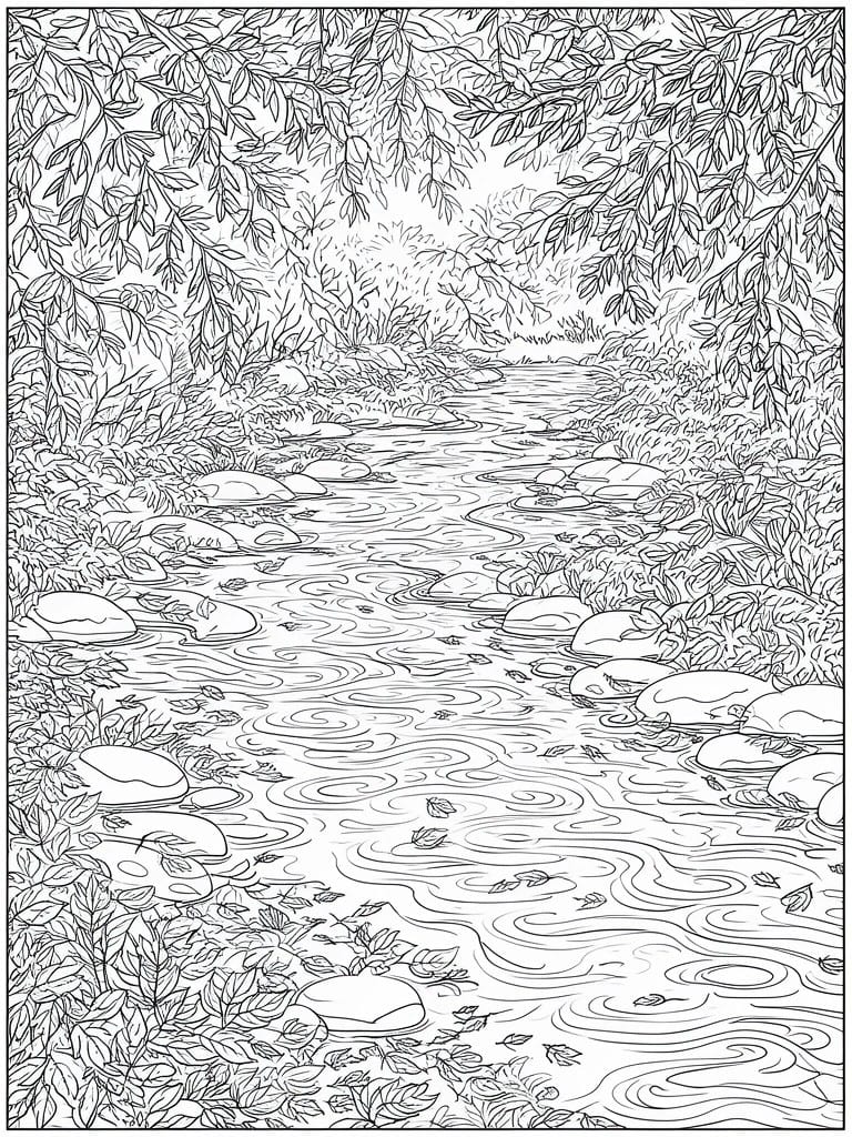 Detailed line art of a winding forest stream with rocks, leaves, and foliage.