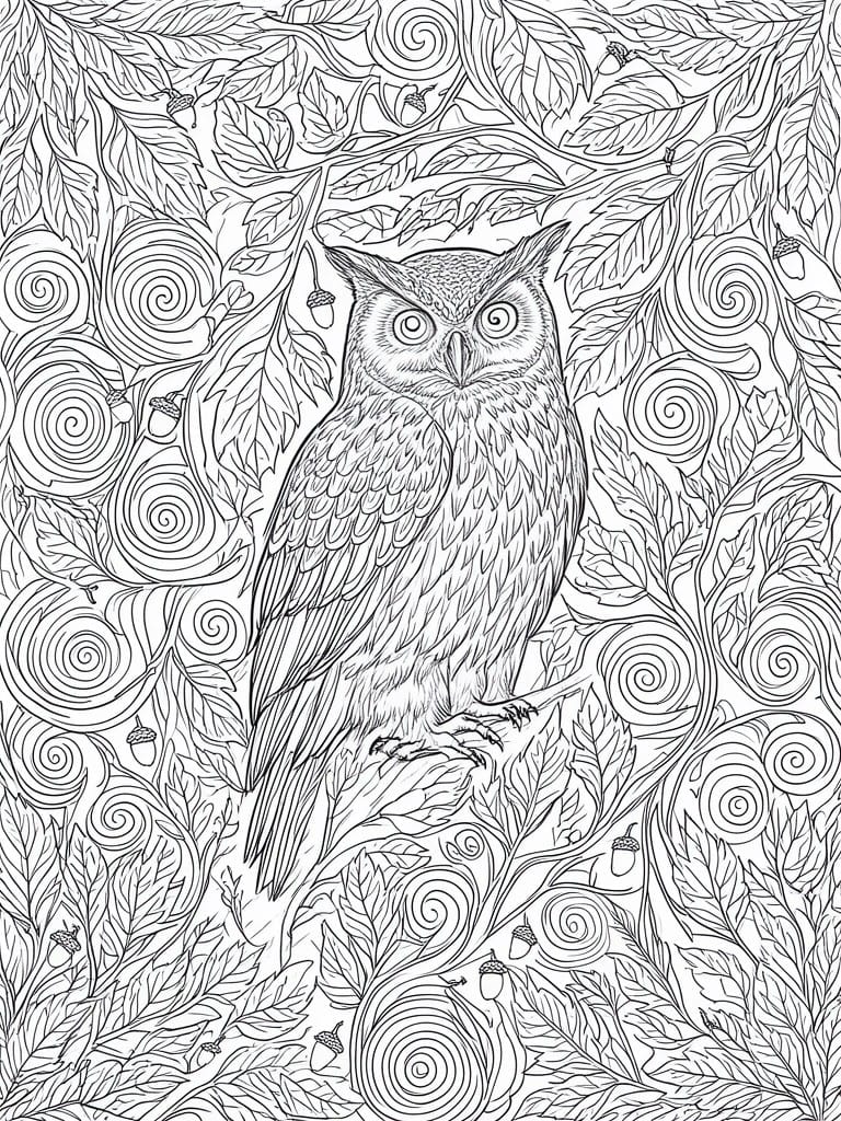 Detailed black-and-white line art of an owl perched among swirling leaves and acorns.