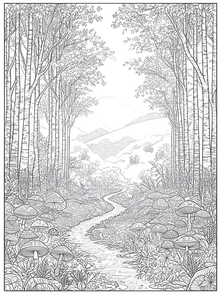 Line drawing of winding forest stream amid mushrooms, trees and distant mountains.
