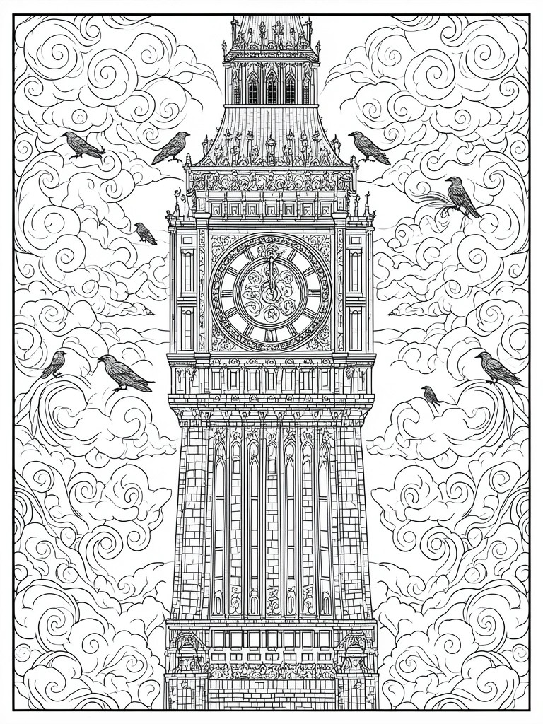 Black-and-white line art of Big Ben with ravens amid swirling clouds