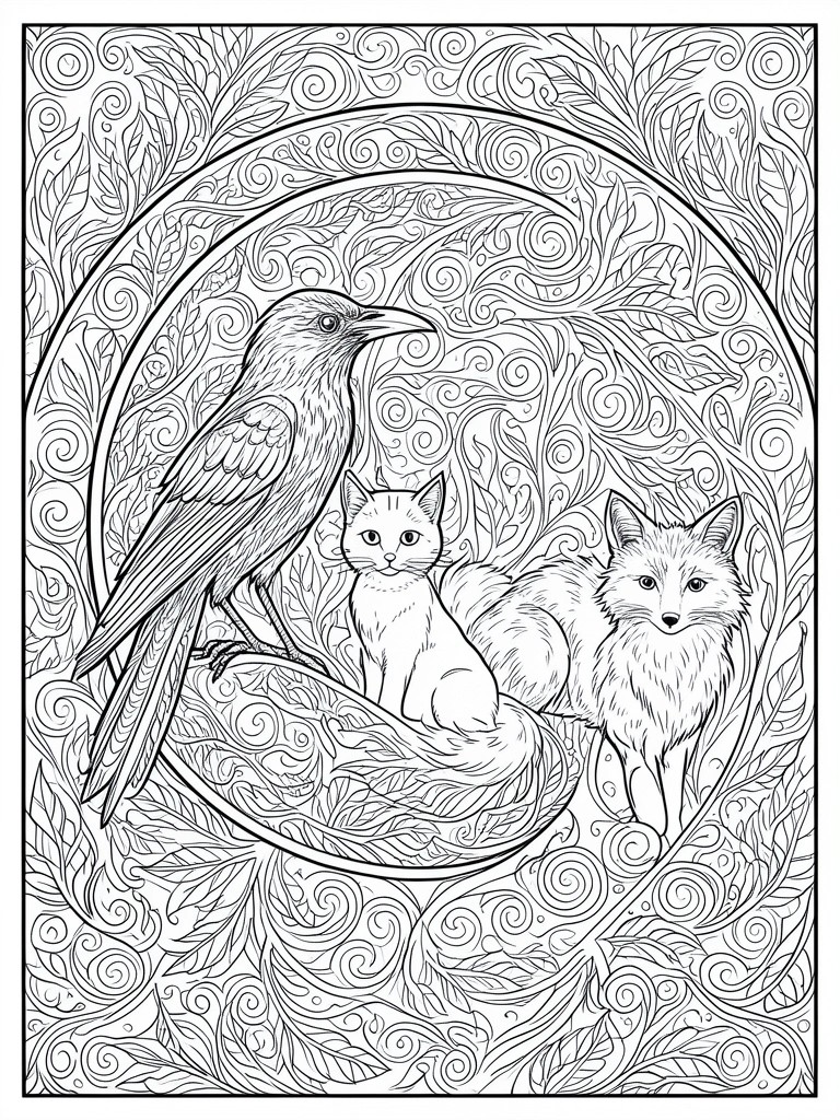 Intricate black and white line art of raven, cat, and fox in ornate circular frame.