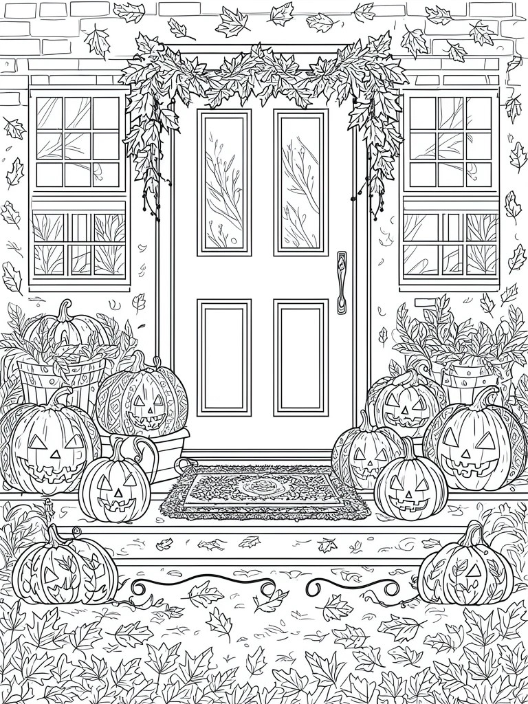 Line art of brick house entrance with jack-o'-lanterns, autumn leaves, and fall garland.