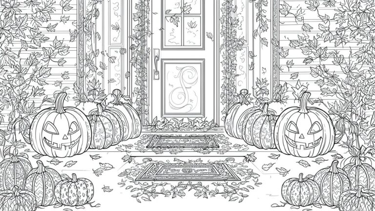 Line art of brick house entrance with jack-o'-lanterns, autumn leaves, and fall garland.