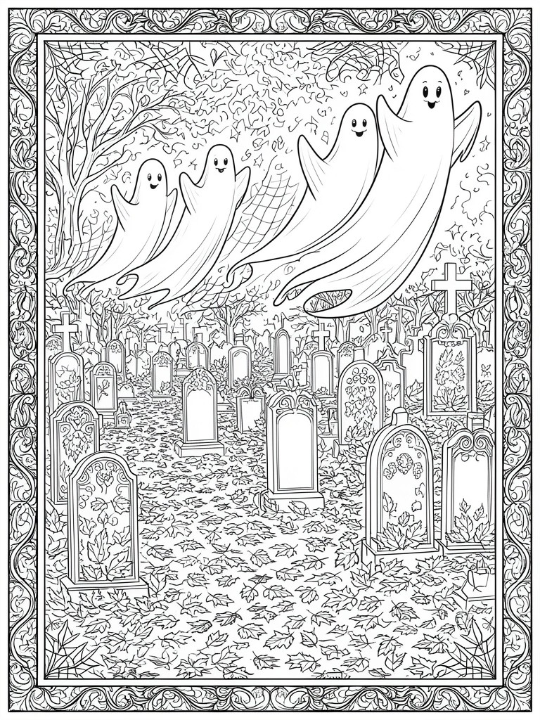 A black and white coloring page of three cartoon ghosts flying above a graveyard filled with tombstones, trees, and autumn leaves inside an ornate border.