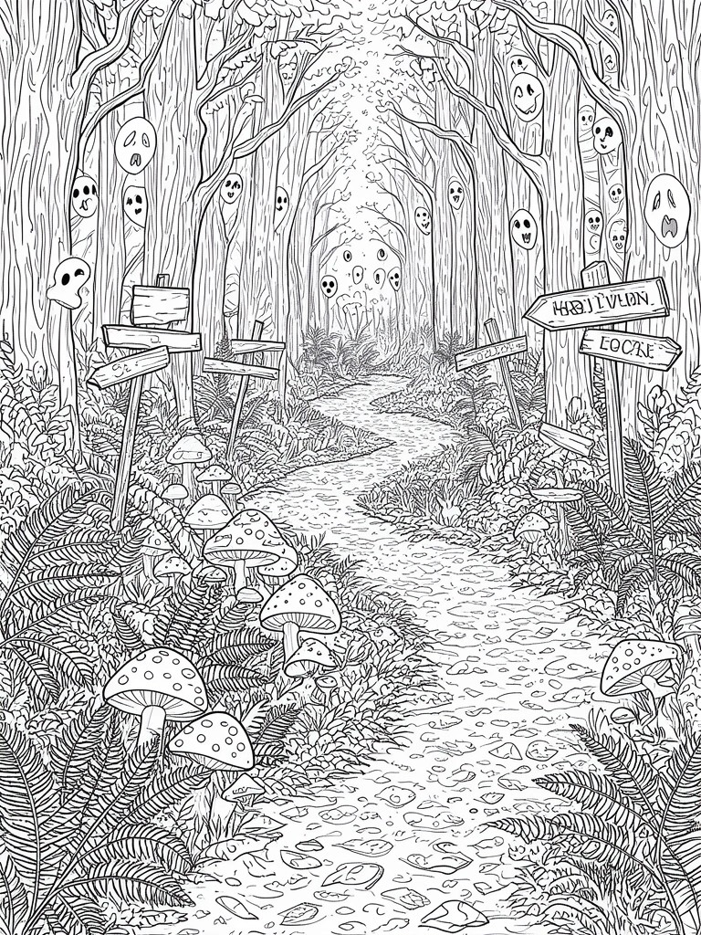 Black-and-white line art of haunted forest path with ghosts on trees and mushrooms