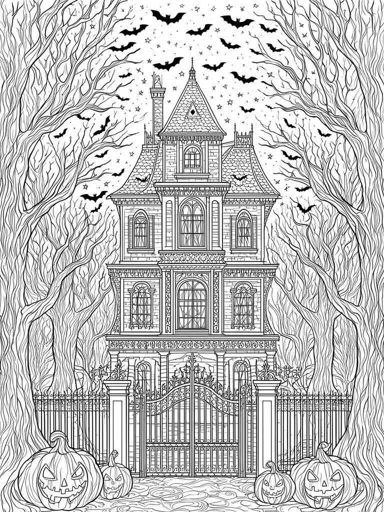 A black and white line drawing of a tall haunted house with bats flying around it, bare trees on both sides, a fence with an open gate, and several jack-o-lanterns in the foreground.