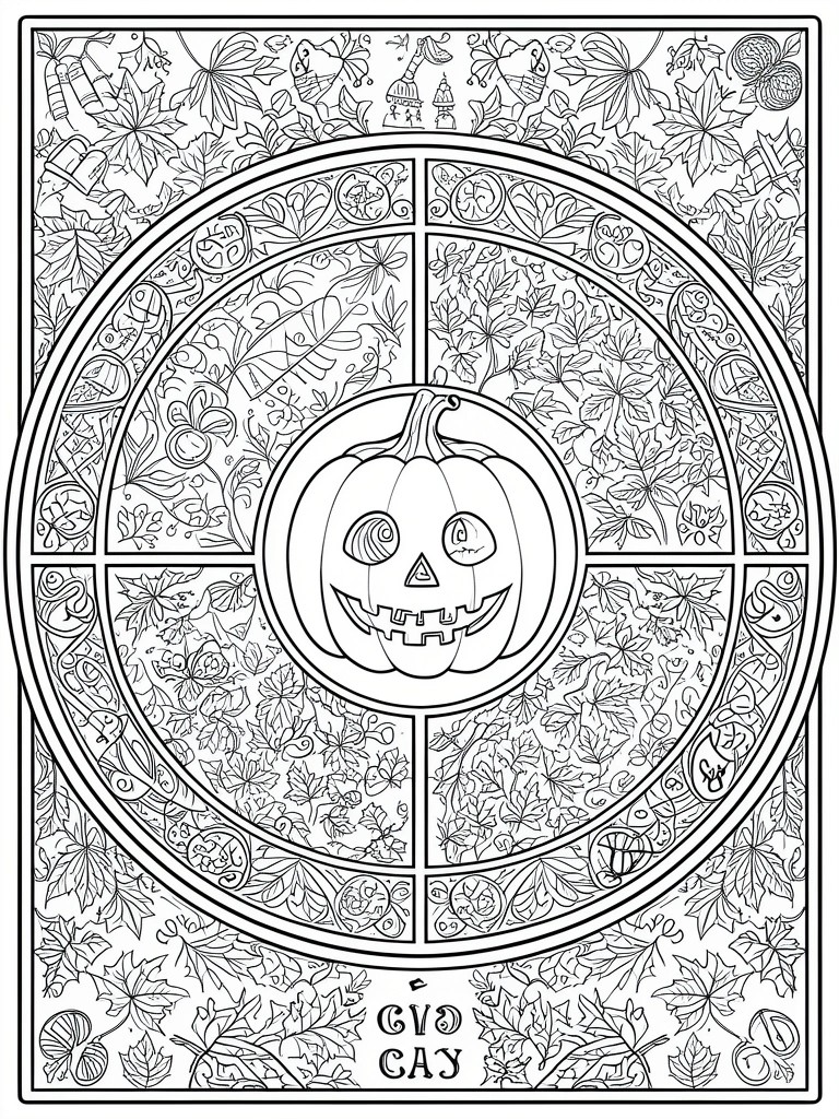 Black and white mandala coloring page with central jack-o'-lantern, autumn leaves, and Halloween patterns