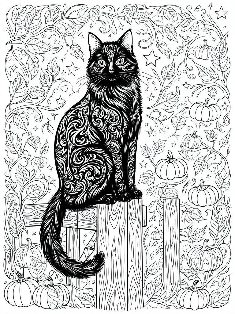 Ornate black-and-white cat illustration perched on fence amid pumpkins, leaves and stars.