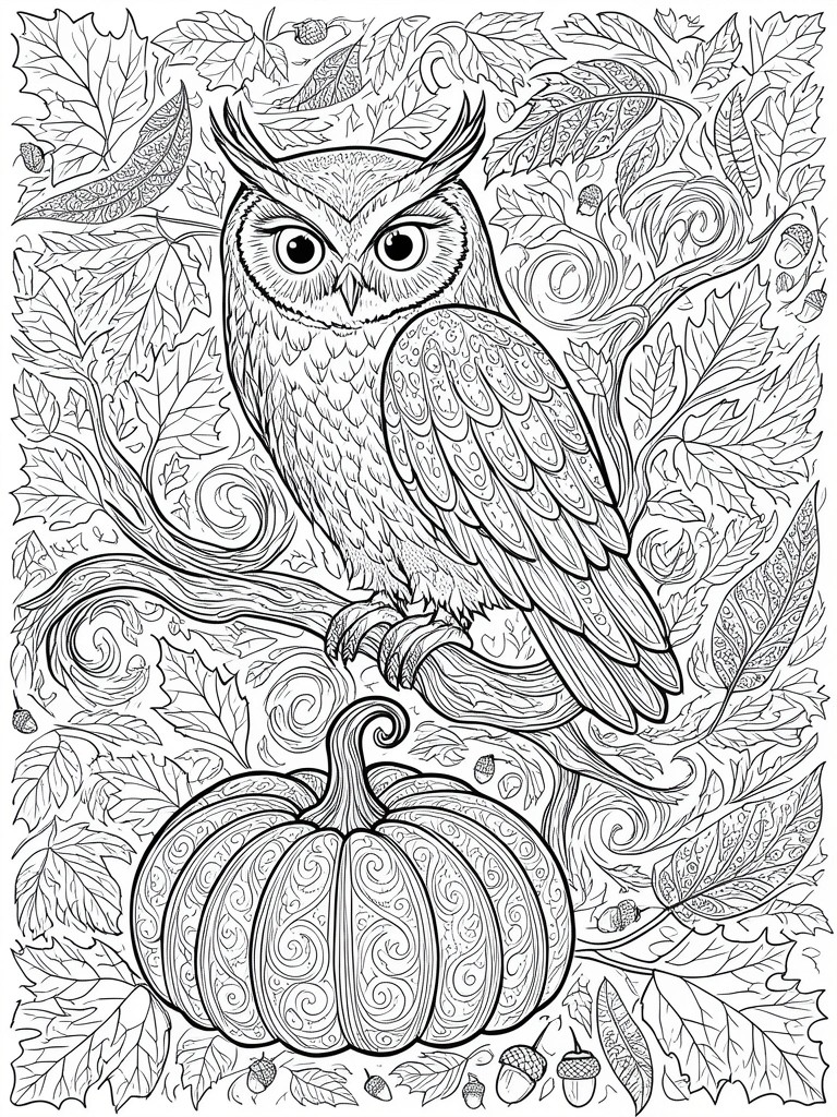 Black and white line drawing of owl perched above pumpkin with leaves and acorns.