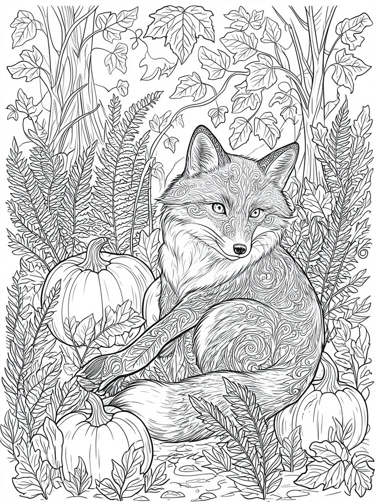 A detailed line art coloring page shows a fox with ornate fur patterns resting among pumpkins, ferns, and ivy in a forest setting.