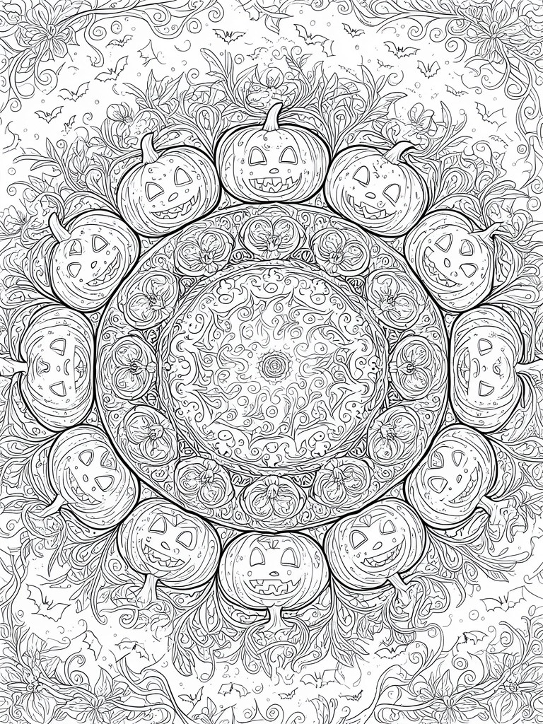 Circular mandala with jack-o'-lanterns, bats, flowers, and intricate swirls.