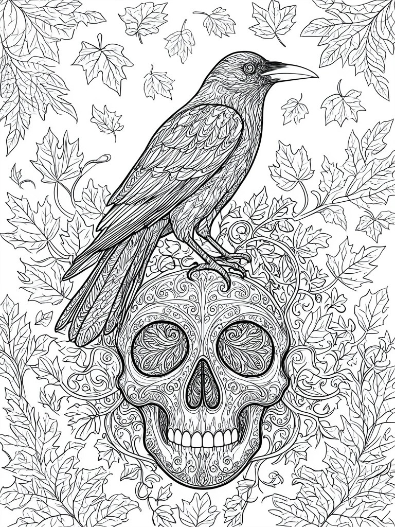 Intricate line art of raven perched on ornate skull amid leafy foliage.