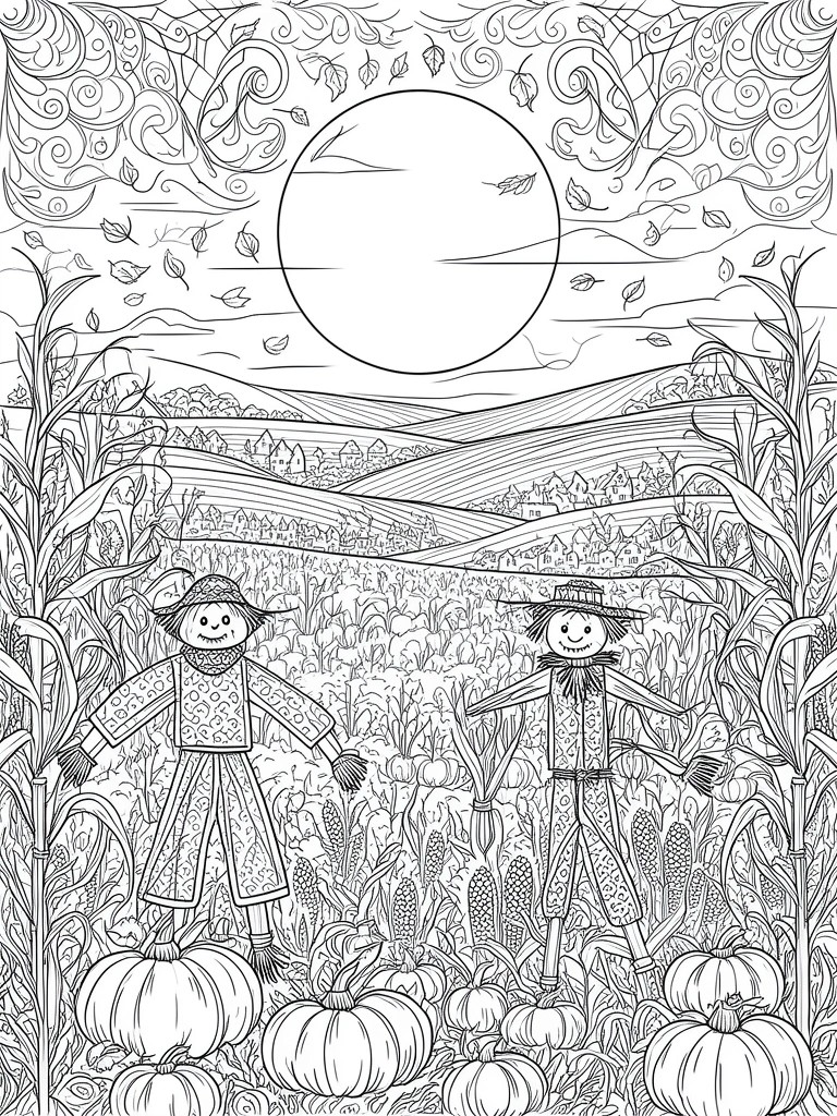 Two scarecrows amid pumpkins and cornstalks under a large sun with swirling leaves
