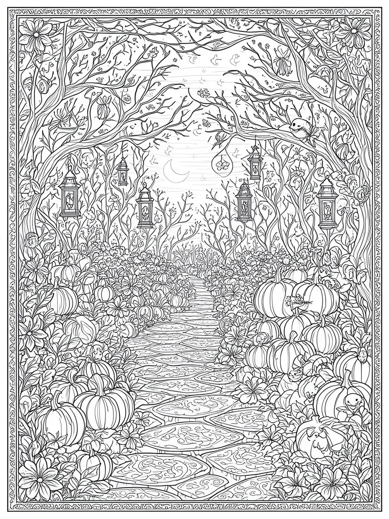 Detailed line art of pumpkin-lined path through lantern-lit forest under crescent moon.