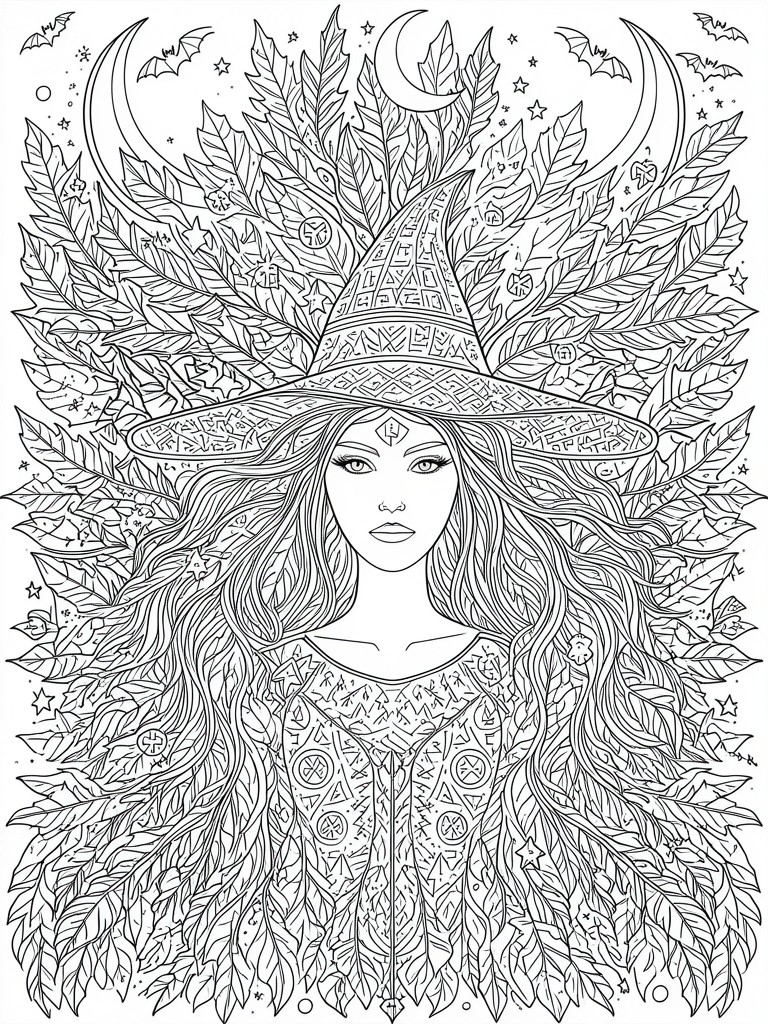 Line art of a woman in a witch hat amid leaves, moons, stars and bats