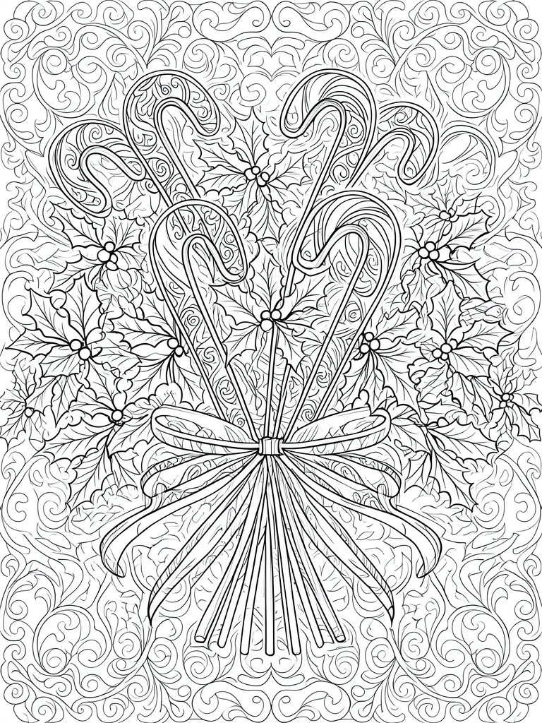 A black and white coloring page of candy canes tied with a bow, surrounded by holly leaves and berries against a swirling background pattern.