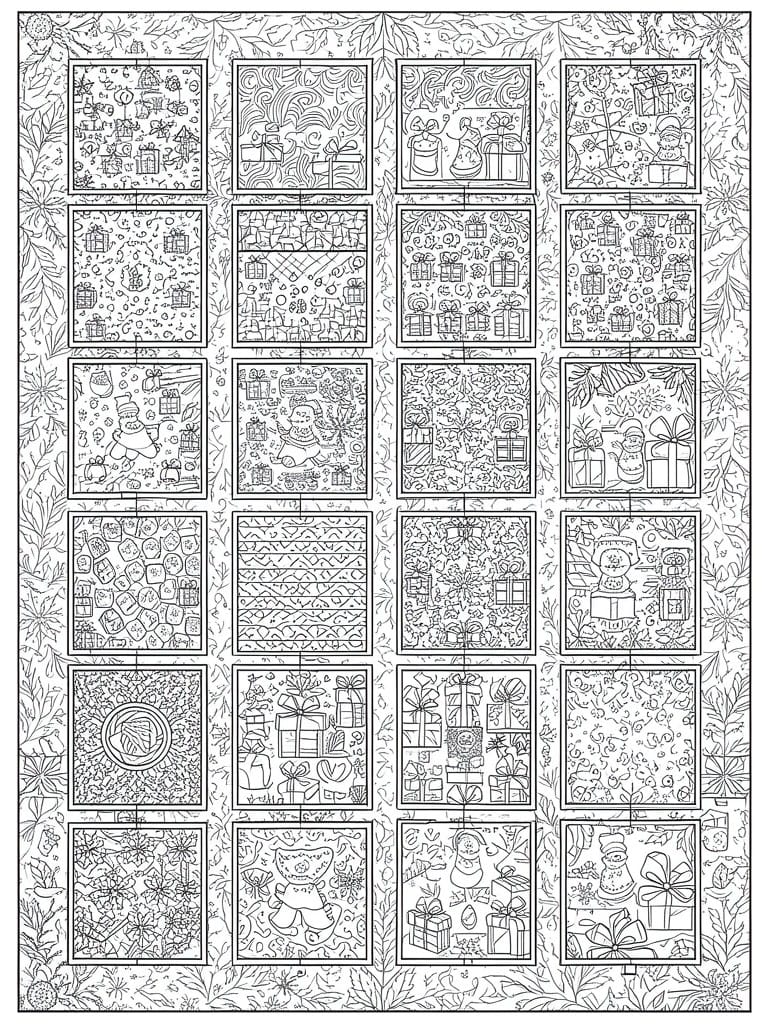 Christmas advent calendar coloring page with 24 festive illustrated panels