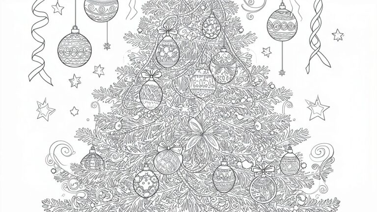 22 Detailed Christmas Coloring Pages for Adults Who Love Intricate Designs Detailed line art of a decorated Christmas tree with ornaments, stars, and garlands.