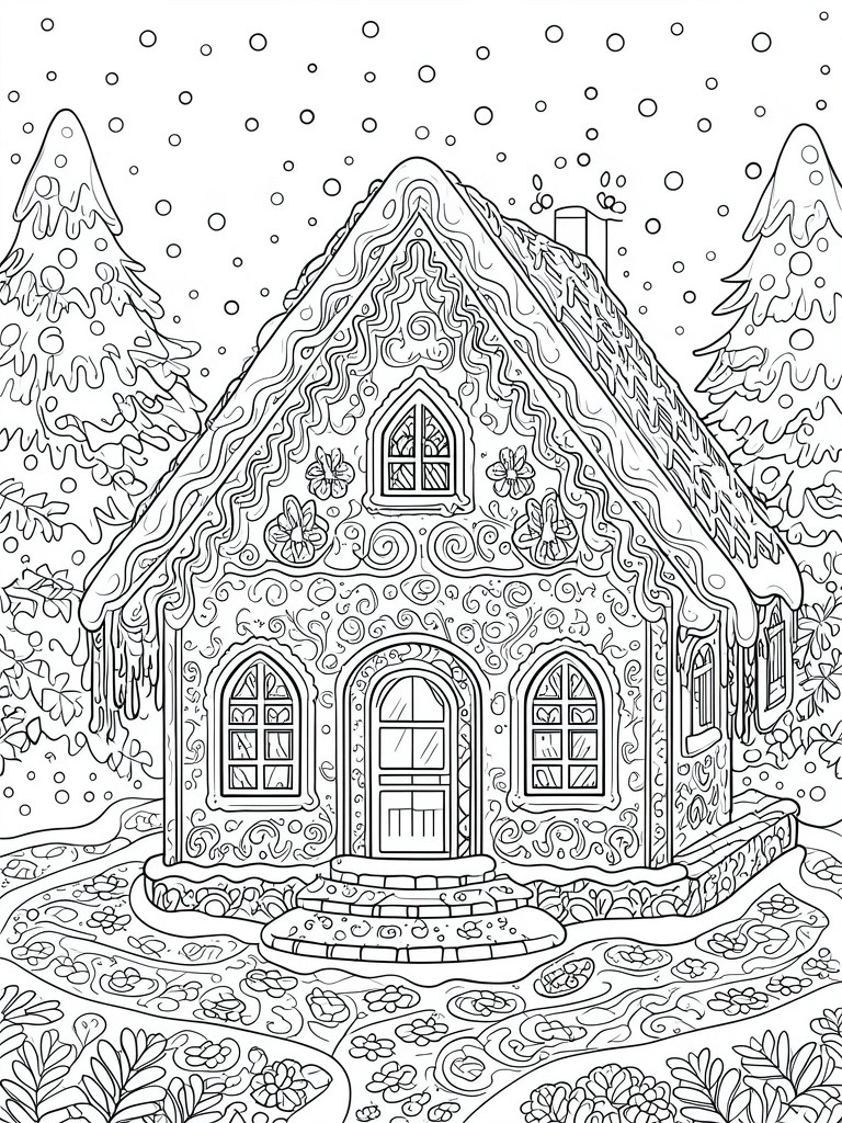Ornate gingerbread house with snow-covered roof, arched windows, and pine trees in line art.