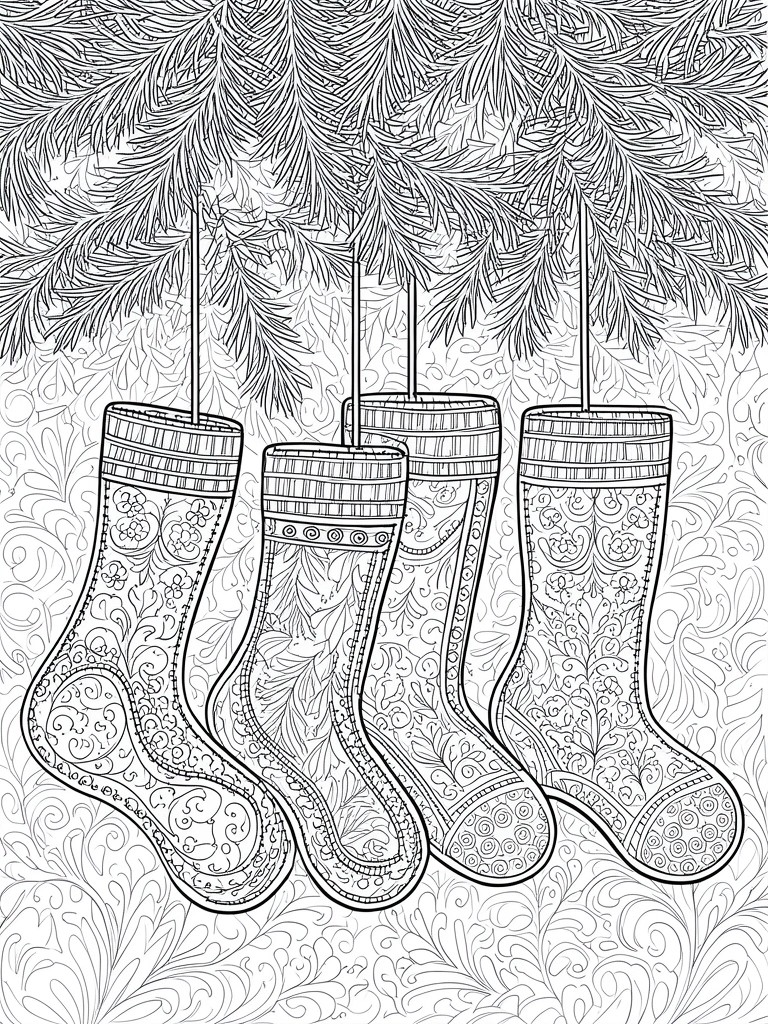 Three patterned Christmas stockings hanging from pine branches in black-and-white line art