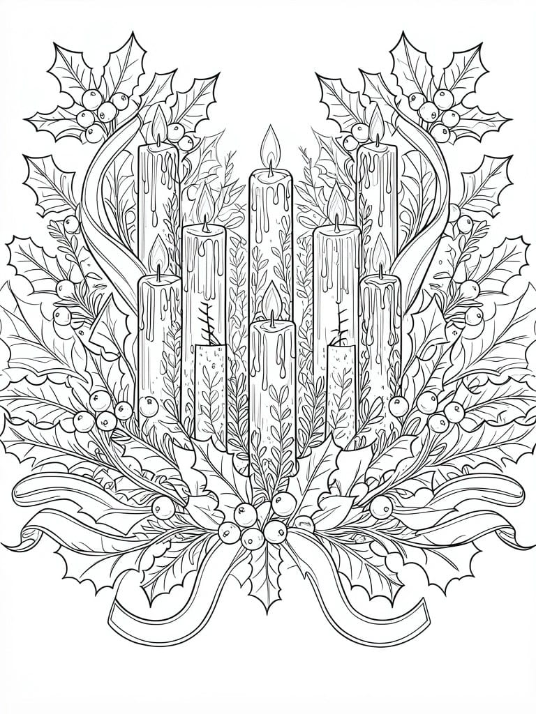 A black and white line drawing of several lit candles of varying heights surrounded by holly leaves, berries, and a large bow at the bottom.