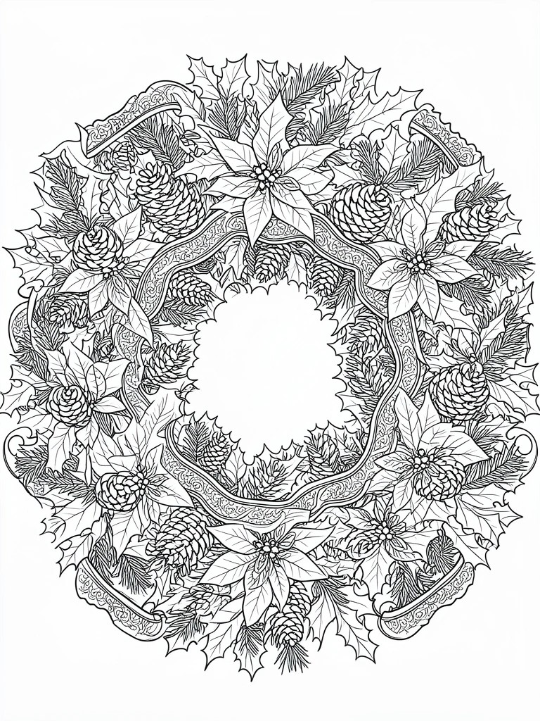 A black and white line drawing of a dense circular Christmas wreath made of holly, poinsettias, pinecones, and ribbons with an empty center.
