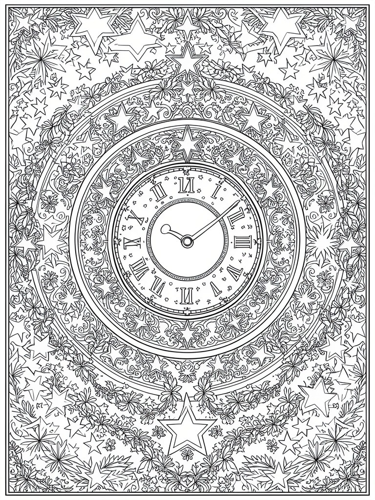 Ornate clock with Roman numerals surrounded by stars and floral patterns