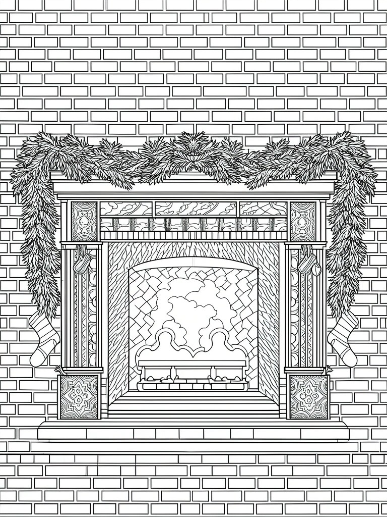 A black and white line drawing of a decorated Christmas fireplace set against a brick wall.