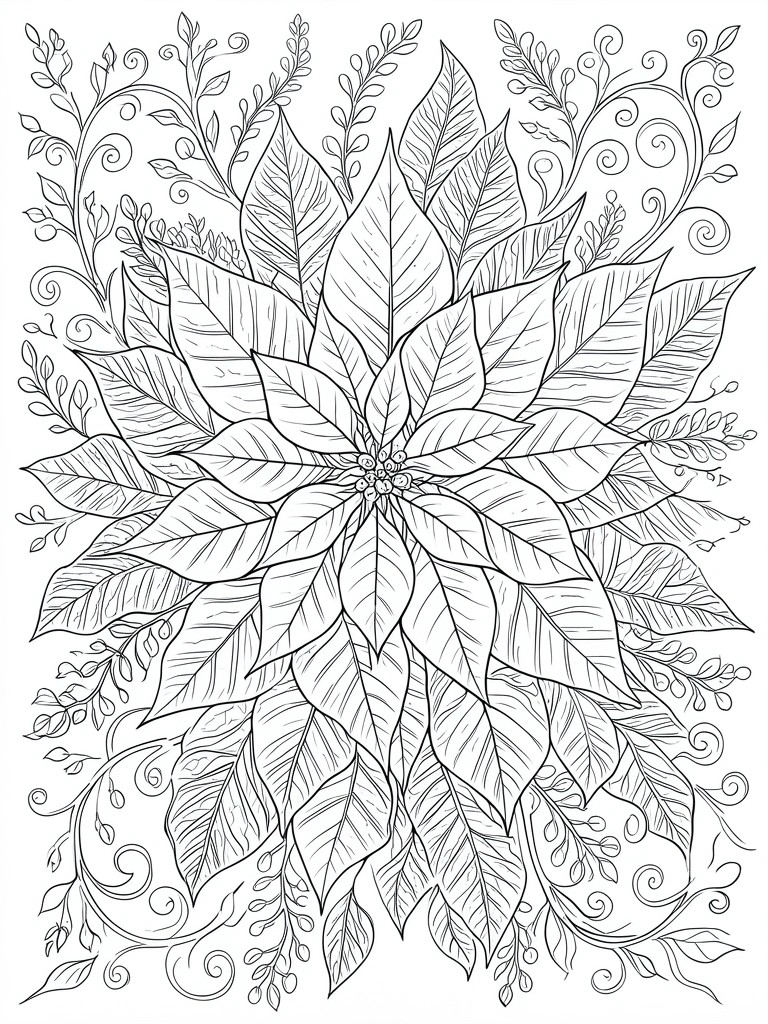 Intricate black and white line drawing of a blooming poinsettia with swirling vines and leaves