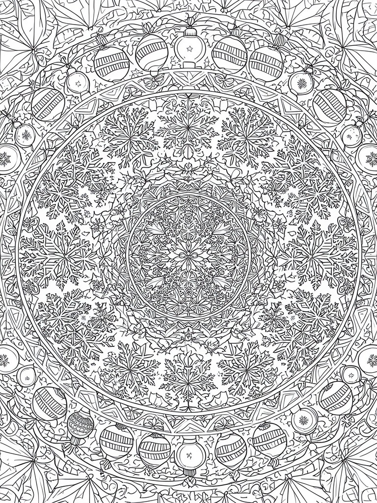 Intricate black and white Christmas mandala with snowflakes, holly leaves, and ornaments in circular design