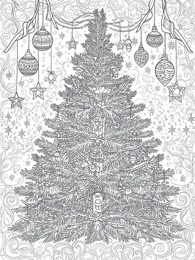 Detailed line art of a decorated Christmas tree with ornaments, stars, and garlands.