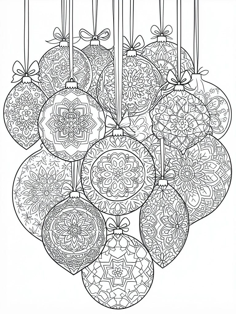 Intricate mandala-patterned Christmas ornaments hanging from strings with bows