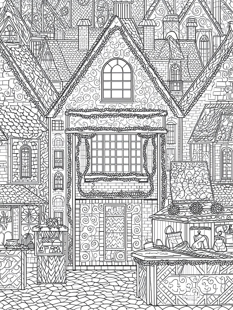 Intricate black and white line art of ornate buildings and market stalls on cobblestone street
