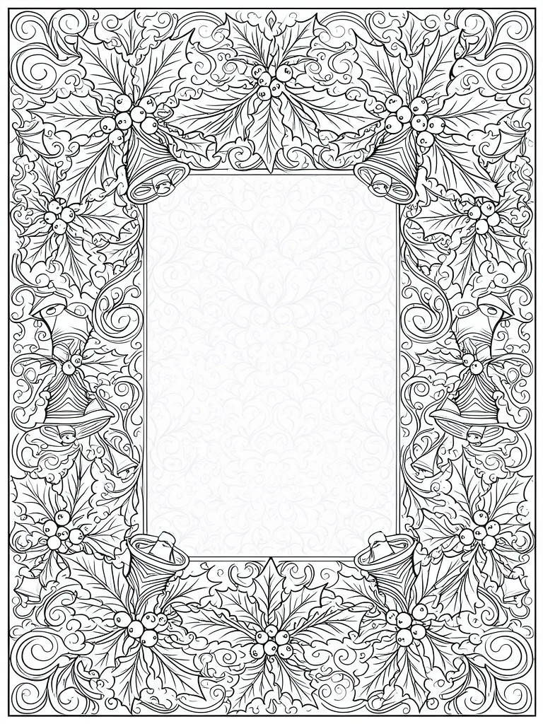 A black and white line drawing of a rectangular Christmas frame decorated with holly, berries, bells, and swirls.