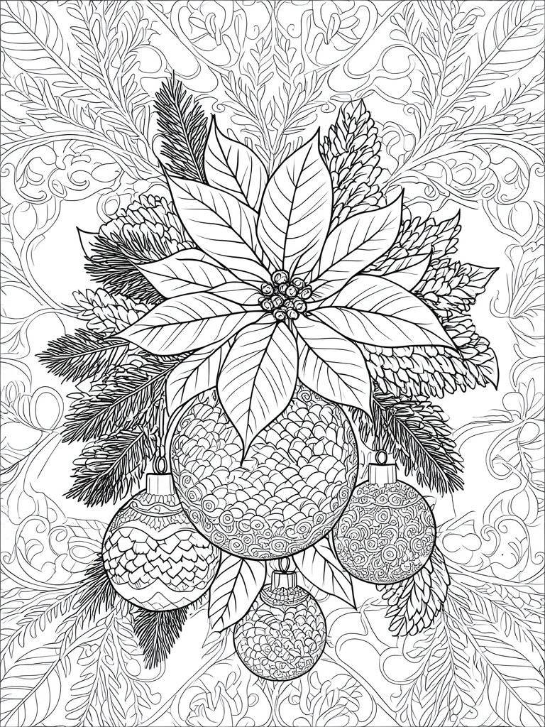 Coloring page with central poinsettia, patterned baubles, pine branches, and swirls.