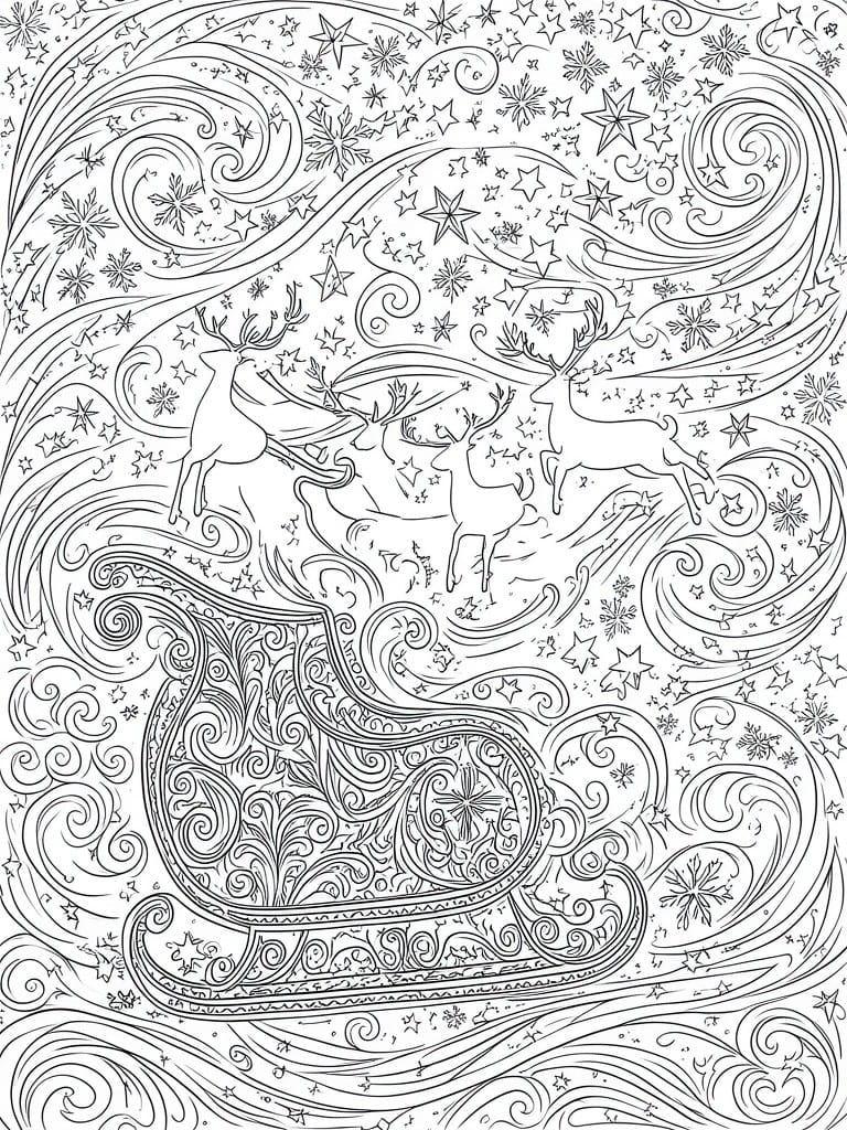 Black and white line art of ornate sleigh pulled by flying reindeer amid stars and snowflakes