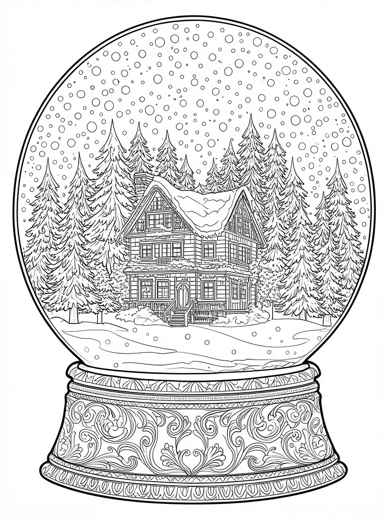 Black-and-white line art of ornate snow globe with snowy cabin and pine trees.