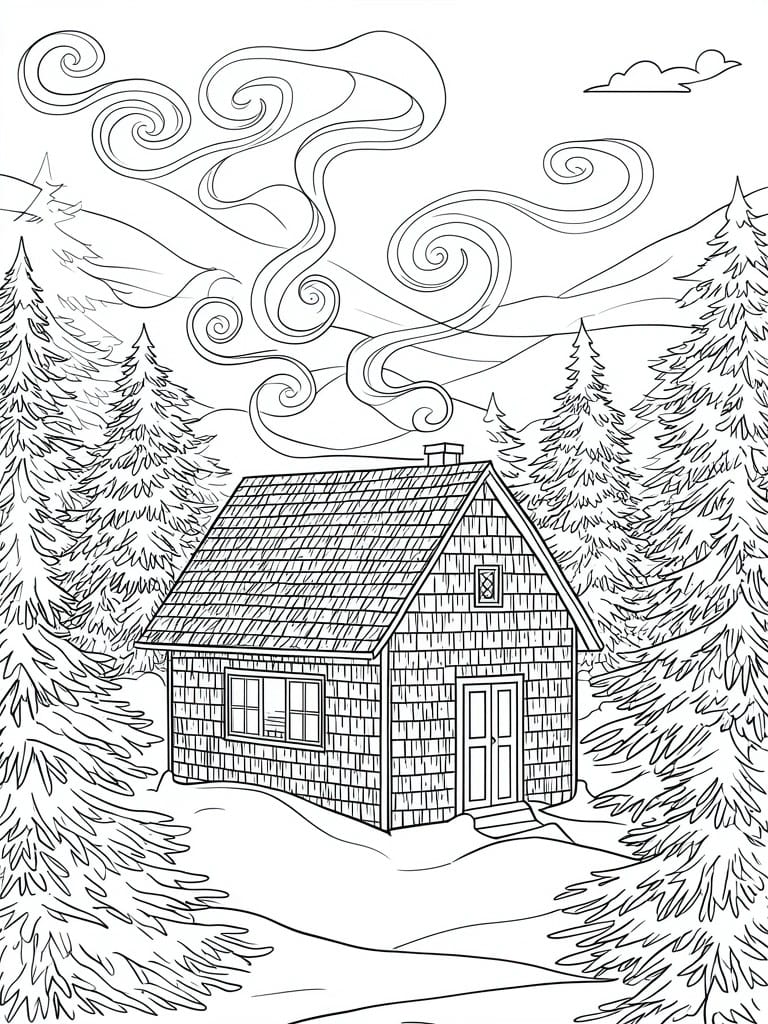 Black-and-white line art of cabin in snowy woods with mountains and swirling sky.