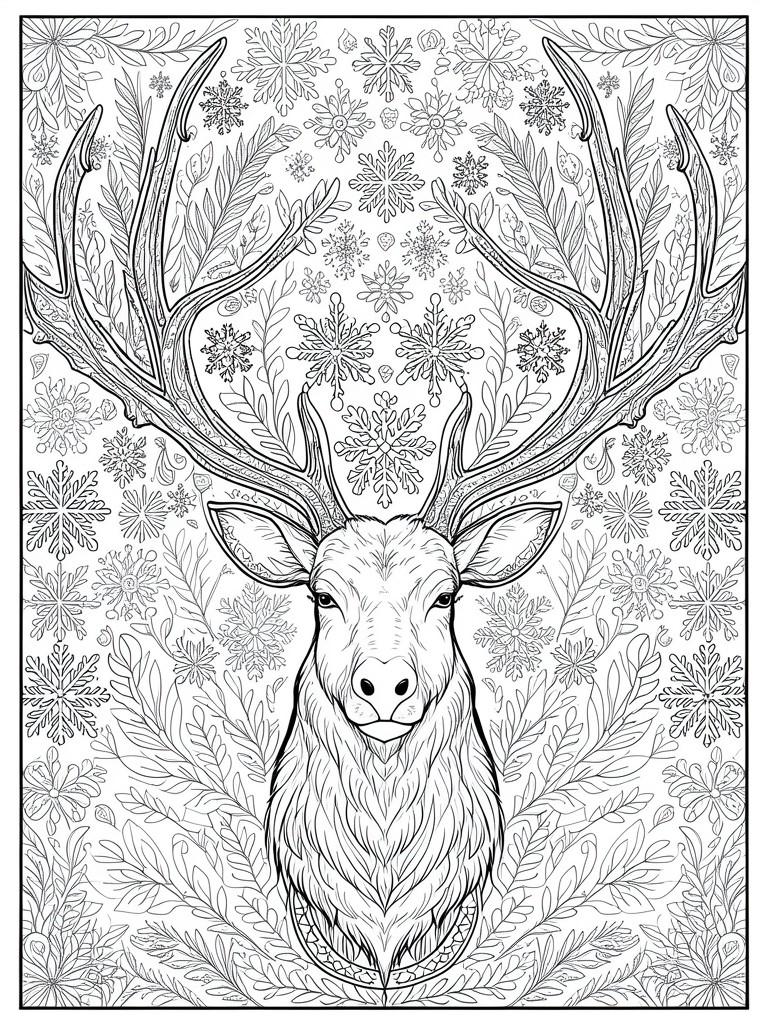A black and white coloring page shows a deer's head with large antlers surrounded by snowflakes and leaves.