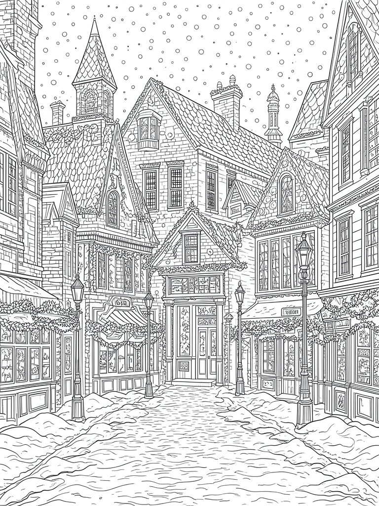 Snowy village street with decorated buildings, lanterns, and falling snow in line art.