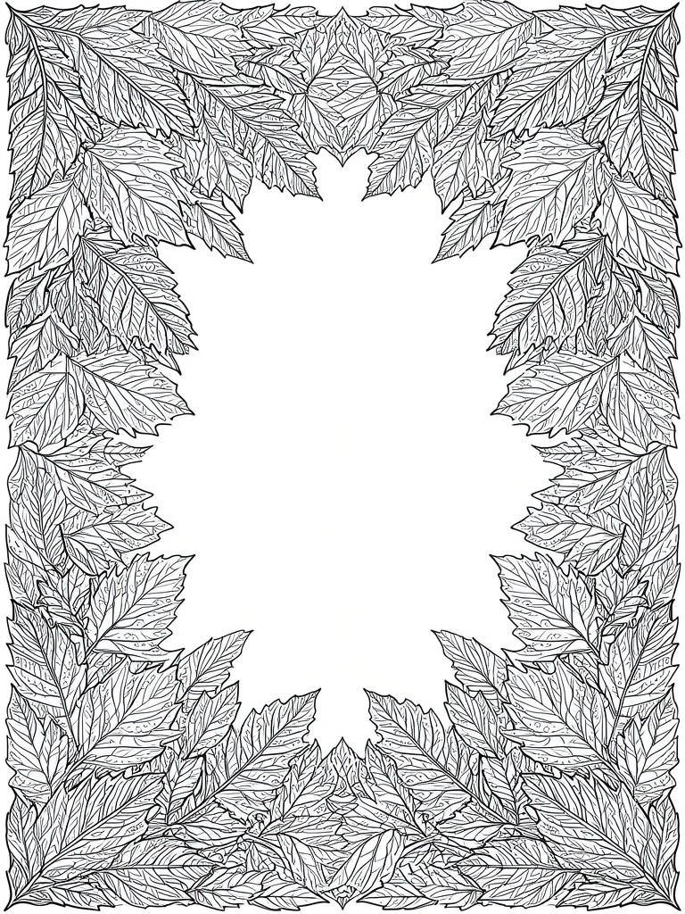 A black and white line drawing of autumn leaves arranged in a thick rectangular border with an empty white center.
