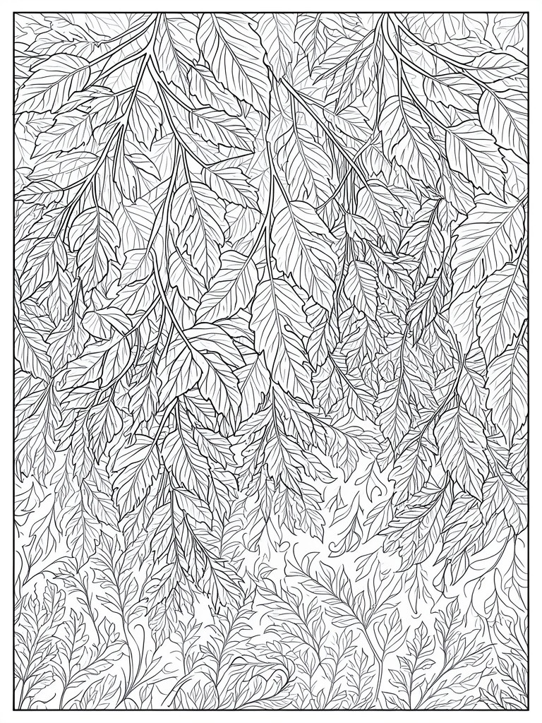 Black and white line art of dense hanging leaves and branches.