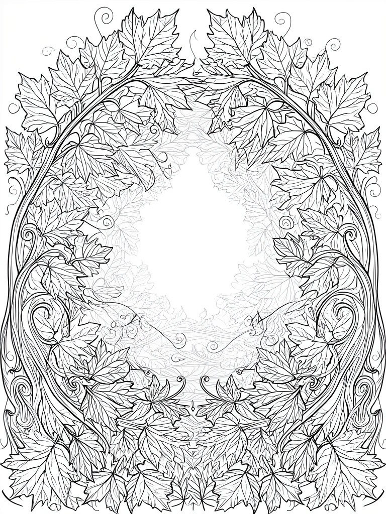 A black and white line drawing of a circular wreath formed by detailed autumn leaves and curving vines.